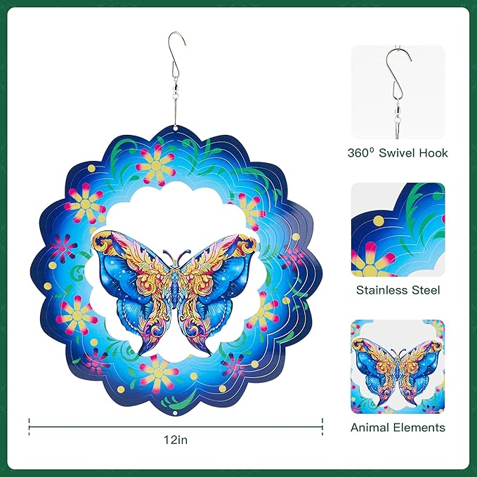 Butterfly Wind Spinners Outdoor Decorations-3D Stainless Steel Metal Butterflies Wind Spinners,12 inch Butterfly Gifts for Women, Sculpture for Yard Decorations Outdoor