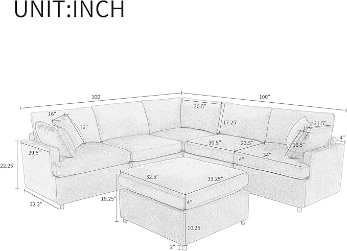 100 Inch U-Shaped Modular Convertible Sectional Sofa with Removable Ottoman and Pillows, Oversized 6 Seater Upholstered Corner Couch for Living Room, Office, Spacious Space, Gray