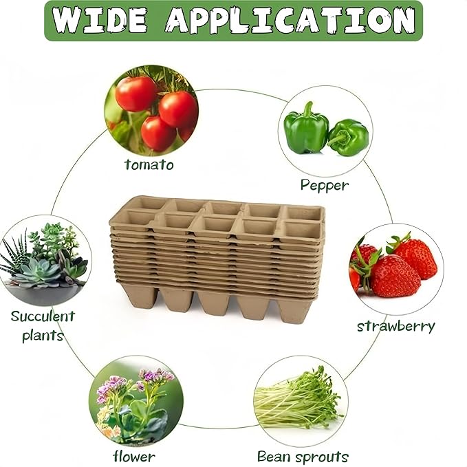 240 Cells Peat Pots Seed Starter Tray 24 Packs Biodegradable Seedling Pots Germination Trays Peat Pot for Seedling Organic Seed Starting Trays kit with 24 Labels 2 Transplant Tools