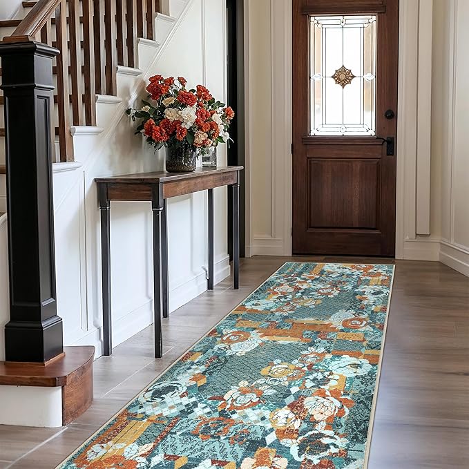 GENIMO Floral Runner Rug 2X6, Machine Washable Non Slip Vintage Patchwork Hallway Runner, Ultra-Thin Low Pile Runners for Indoor Entryway, Hallway, Kitchen and Corridor, Navy Blue