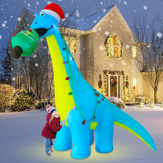 DR.DUDU 12 FT Christmas Inflatable Outdoor Decorations, Large Blow Up Dinosaur Inflatables with Santa Hat Christmas Tree Light up Giant Xmas Holiday Decor for Yard Lawn Garden Outside