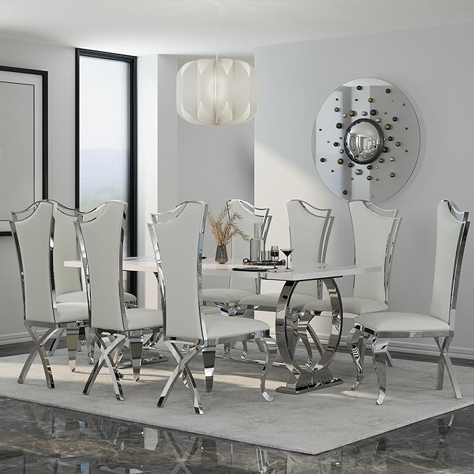 Asday 80 inch Dining Table, Luxury White and Silver Dining Room Table, Large Family Dining Table Modern Kitchen Table with Stainless Steel U-Base for Home Office Apartment
