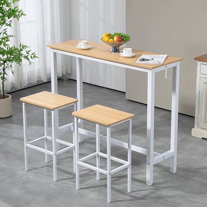 Finnhomy 47" Industrial Bar Table Set with 2 Stools - Counter Height Dining & Pub Table for Small Spaces, Kitchen, Apartment, Breakfast - Metal & Wood, Space-Saving Furniture - Oak Beige and White