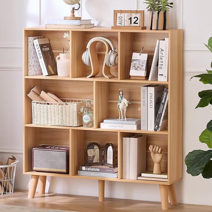 LEYAOYAO Wooden 8 Cube Book Shelf, Natural 3 Tier Bookshelf with Legs, Modern Open Storage Organizer,Boho Bookcase,Display Cabinet Shelf Free Standing Bookshelves for Bedroom,Living Room,Office