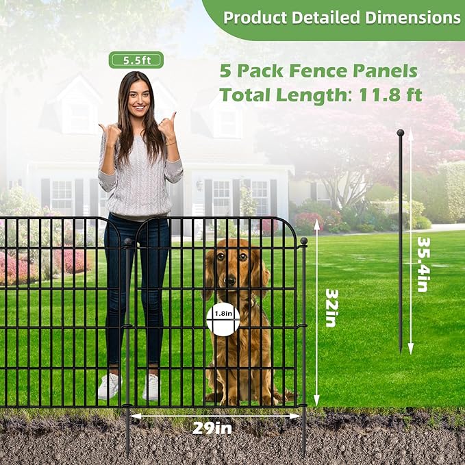 Decorative Garden Fence, 5 Panels 32 in(H) X 11.8 ft(L) Rustproof Metal Wire No Dig Dog Fence Outdoor for Yard, Temporary Tall Garden Fence Animal Barrier Decor for Yard & Patio