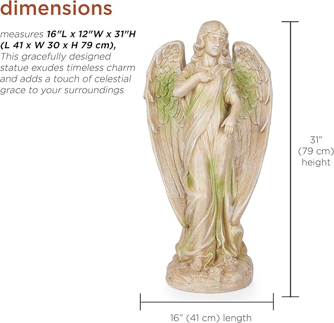 Alpine Corporation QFC105-201 Old World Angel Statue with Mossy Finish, Sentimental Garden Décor, 31" H, Tan/Moss Green