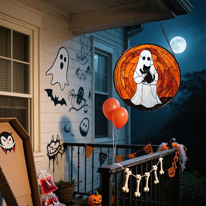 Stained Glass Window Hanging - Halloween Cute White Ghost Black Cat Suncatcher for Doors Garden Home Spooky Orange Sun Catchers Gothic Decor Horror Gift for Women Men Friend Boy Girl 15 in