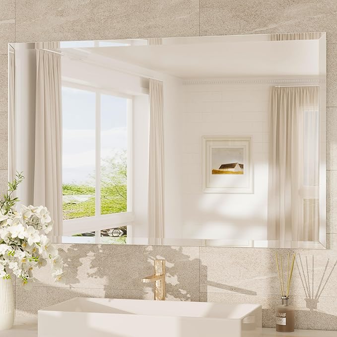 TokeShimi 48x30 Frameless Bathroom Mirror Rectangle, Tempered Beveled Mirror for Bathroom Vanity with 1" Beveled Edge, Shatterproof Modern Wall Mirrored for Living Room, Entryway, Restroom