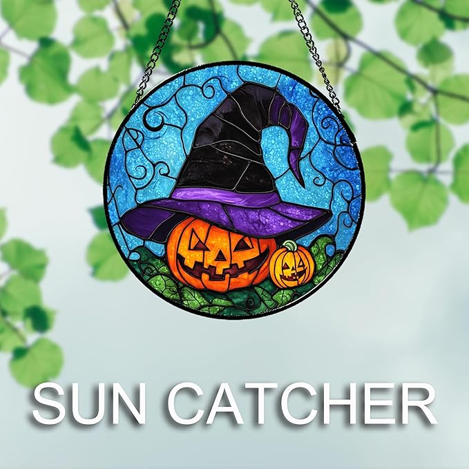 Stained Glass Window Hanging Halloween Horror Pumpkin 6.3" - Suncatcher Door Garden Sunroom Purple Black Witch Hat Sun Catcher Birthday for Friend Mom Men Woman Nana