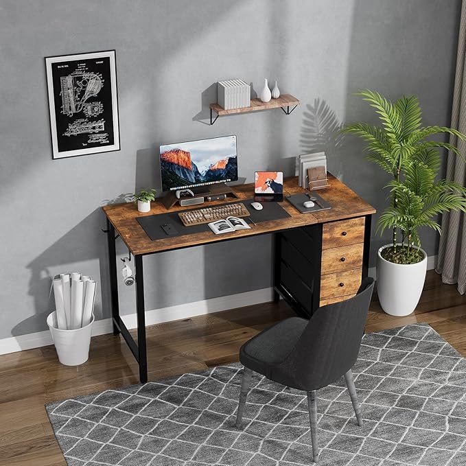 Lufeiya 47 inch Computer Desk with 4 Fabric Drawers, Reversible Writing Work Study Desk for Home Office Bedroom, Modern Simple Student PC Desks, Rustic Brown
