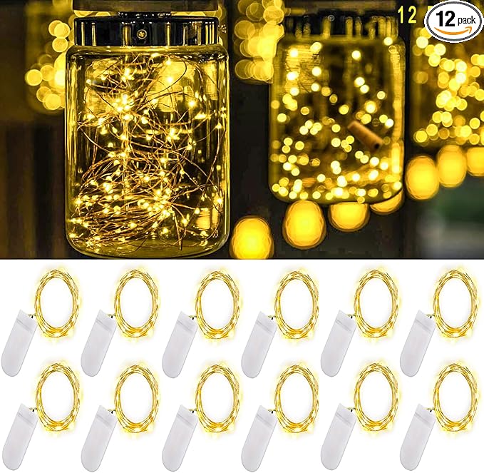 Ostwiki Warm White Fairy Lights Battery Operated, 7ft Mini Lights for Mason Jar, 12-Pack 20 Small LED String Lights for Crafts Bedroom Wedding Party Table Bottle Christmas Firefly Fairy Decoration