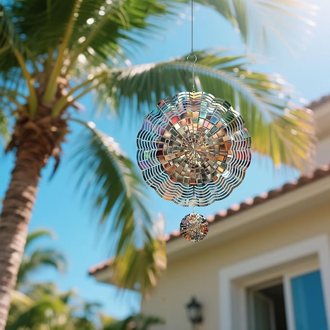 Wind Spinners Outdoor, Silver Mosaic Modern 3D Stainless Steel Wind Sculpture Spinner for Garden Outside Hanging Decor Mother's Day Christmas Birthday Gifts for Women Men Mom Nana 13.7 in