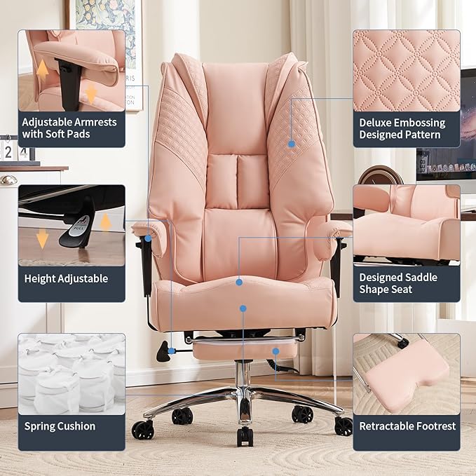 Big and Tall Office Chair 400lbs Wide Seat, Leather High Back Executive Office Chair with Foot Rest, Ergonomic Chairs Lumbar Support for Lower Back Pain Relief (Light Pink)
