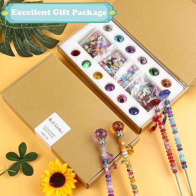 UFU 310Pcs DIY Fairy Wand Beaded Garden Stakes Kit, Fairy Wands Kit with Sparkling Crystal Pendants, Suitable for Different Holidays Garden Stakes Decorative Outdoor Beadable Items(10&12IN)