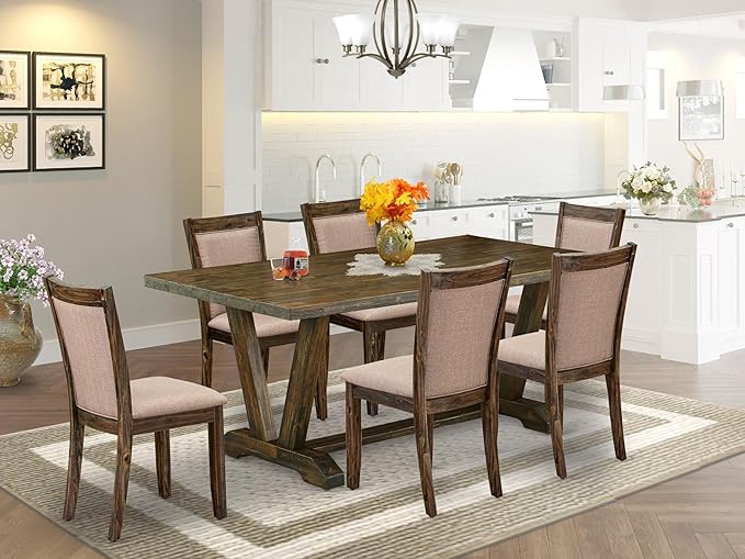 East West Furniture V777MZ716-7 7 Piece Dinette Set Consist of a Rectangle Dining Table with V-Legs and 6 Dark Khaki Linen Fabric Parson Dining Room Chairs, 40x72 Inch, Multi-Color