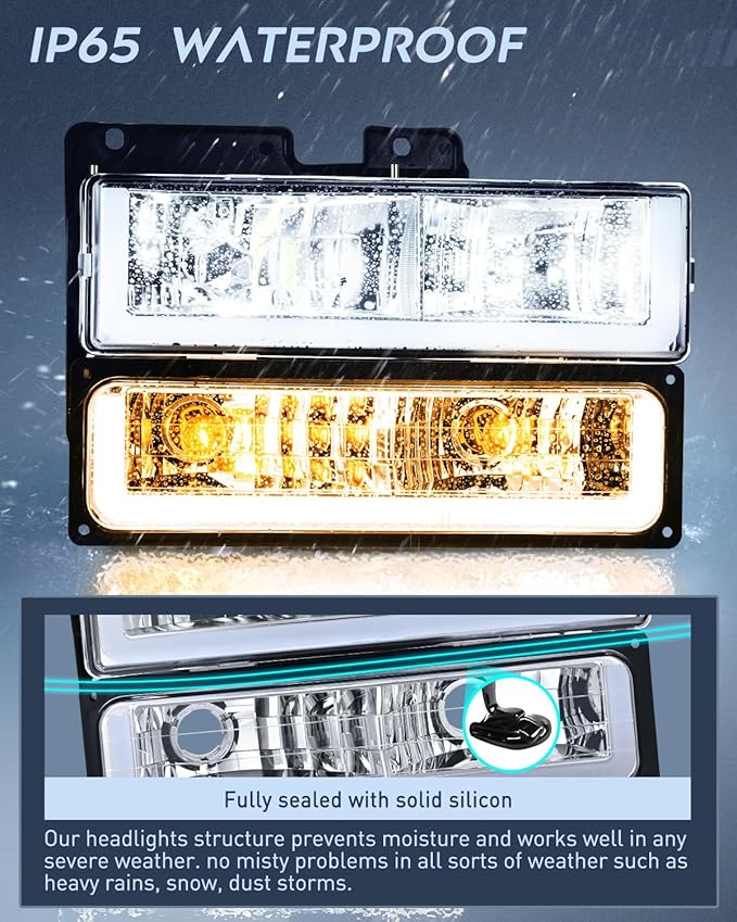 Nilight DRL Headlight Assembly Compatible with 1988 1989 1990 1991 1992 1993 1994 1995 1996 1997 1998 Chevrolet GMC C10 C/K 1988-1999 Silverado Suburban Sierra Blazer Tahoe Yukon Chrome Housing