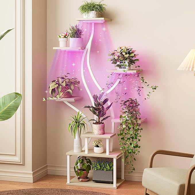 PRAISUN 51.3 Inch Plant Stand with Grow Light, 6 Tiered Indoor Plant Shelf with Larger Flower Holder, Pine-Shaped Stand, 3 Light Modes, Open Base, Corner Plant Rack for Living Room, Oak and White