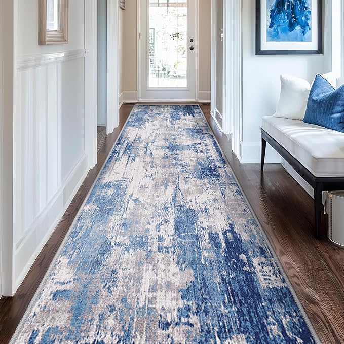 Washable Area Rugs 2'x10' Non-Slip Modern Abstract Soft for Living Room Entryway Bedroom Nursery, Print Pattern, Blue Grey Navy Gray