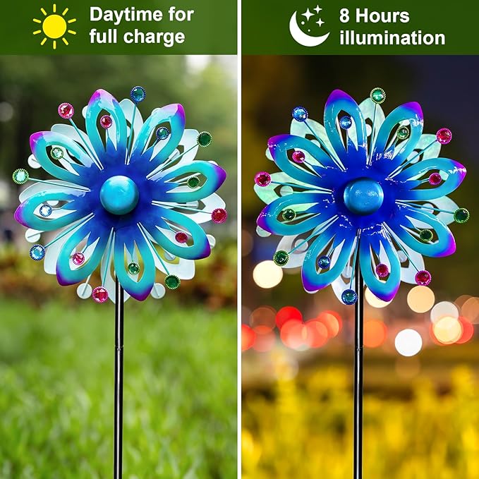 Solar Wind Spinners, 60.63" Outdoor Metal Stake Yard Wind Sculpture,Solar Powered Multi-Color LED Glass Ball with Kinetic Wind Spinners for Yard and Garden Lawn Patio Decor