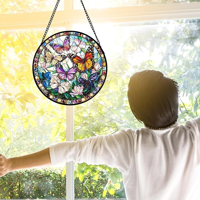 Stained Glass Window Hanging, Colorful Butterfly Suncatcher for Doors Home Sun Catchers Decoration and Christmas, Mother's Day Birthday Gifts for Women, Men, and Mom 7.8 in