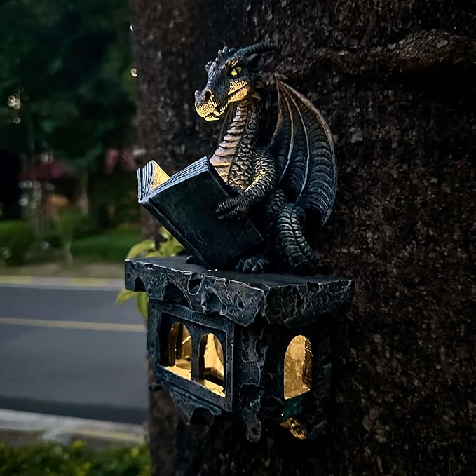 Garden Dragon Statue Tree Hugger Solar Powered Outdoor Figurine Wall Hanging Decor Cute and Reading Magic Book Resin Sculpture Home Decoration Porch Patio Lawn Farm Yard Housewarming Ornament Gift