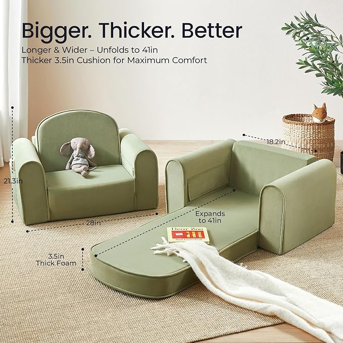 Tiny Land 2-in-1 Foldable Kids Couch with Pockets – Soft Thick Toddler Sofa, Lounger Couch, Convertible Kids Chair for Playroom, Bedroom or Living Room, Gift for Boys & Girls(Green)