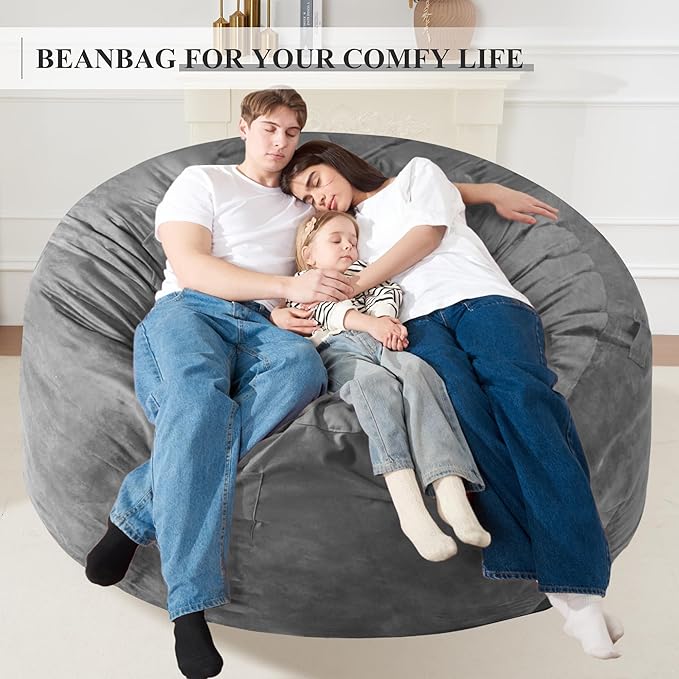 Homguava 6FT Bean Bag Chair Giant BeanBag with Memory Foam Filled, Large Bean Bag Chairs for Adults, Adult Bean Bag Chair with Dutch Velvet Cover for Living Room Bedroom-Grey