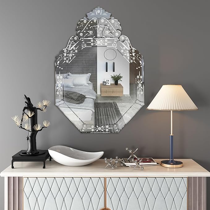 KOHROS Venetian Mirror with Top Crown Arch Floral Etched 32 x 24 Inch Octagonal Bathroom Mirror for Over Sink Frameless Beveled Edge Wall Mirror for Bathroom Vanity Entryway Bedroom