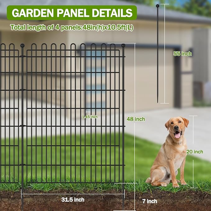 4 Panels No Dig Decorative Garden Fence with Gate for Yard, 48 in(H) X 10.5 ft(L) Animal Barrier Fencing for Outdoor Dog, Metal Portable Garden Fences for Borders, Pets, Landscape, Temporary Fence