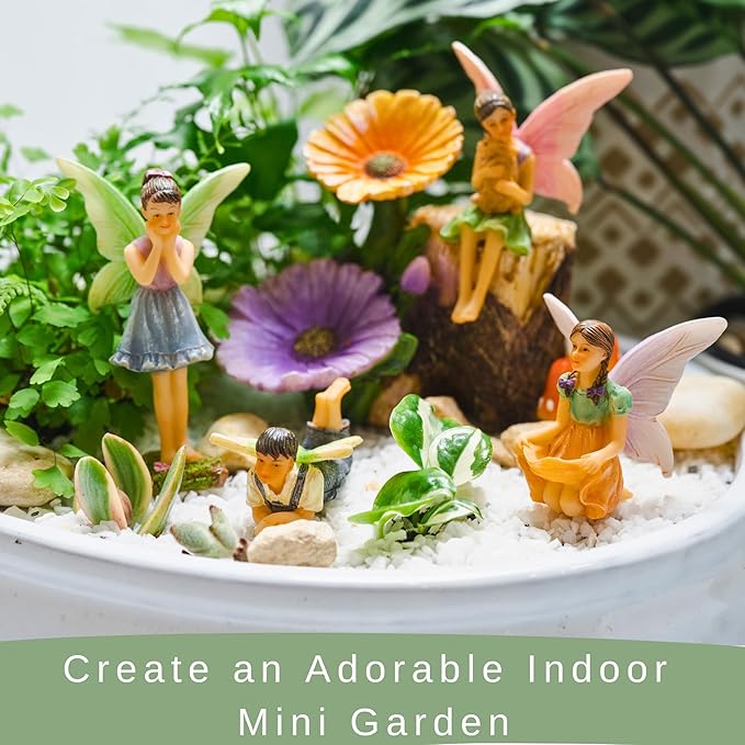 PRETMANNS Fairies for Fairy Garden - Colorful Accessories Kit for an Indoor or Outdoor Miniature Garden - 7 Piece Hand-Painted Resin Figurine Set with a Flower Stump & Mushrooms