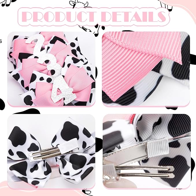 Cow Print Birthday Bow Hair Clip, Pink Farm Animal Theme 4 Year Old Hair Bow Clip Accessory for Toddler Girls Party Baby Shower Decor