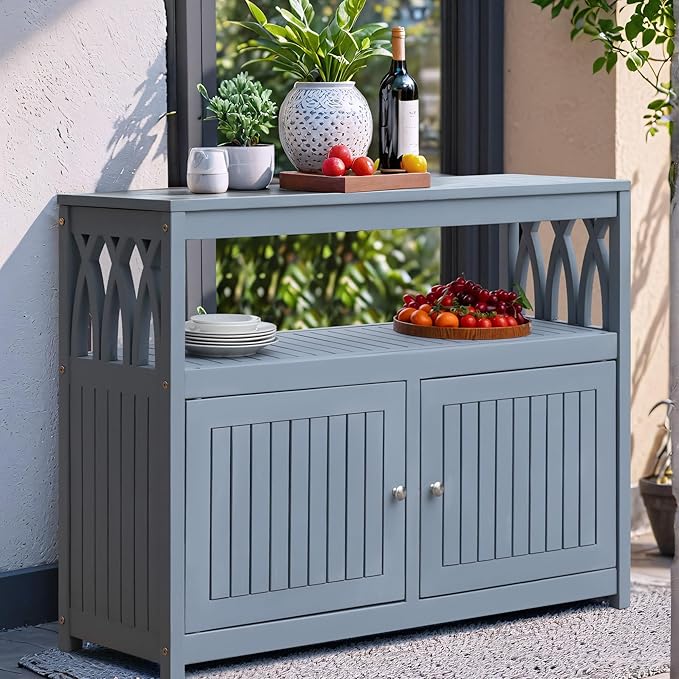 Flamaker Acacia Wood Cabinet with 2 Magnetic Doors - Weatherproof Outdoor Storage, Buffet, TV Stand, Bar, Potting Table (Grey)