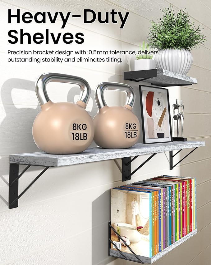 BAYKA Wall Shelves for Bedroom Decor, Floating Wall Shelves for Living Room Kitchen Storage, Wall Mounted Rustic Wood Floating Shelves for Kids Books, Corner Shelf for Bathroom(Gray White，Set of 4)