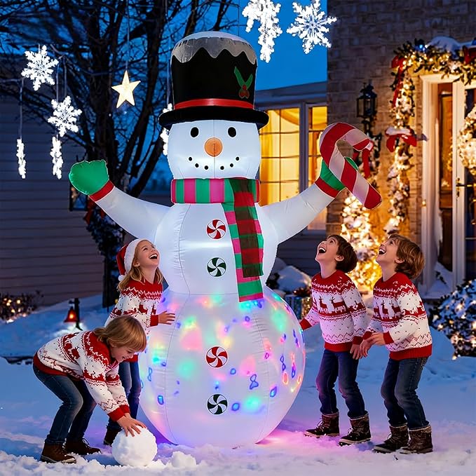 8 FT Christmas Inflatables Giant Snowman Outdoor Decorations,Giant Blow up Snowman with Black Hat,Built-in Rotating Colorful Lights for Yard, Garden, Patio, Lawn Xmas Holiday Decor