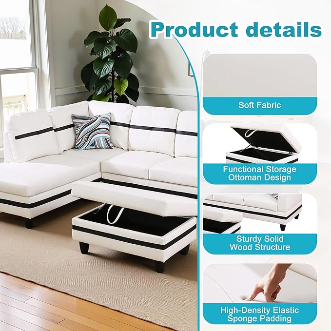 L Shaped Couch PU Leather Sectional Couch Upholstered 3 Pieces Sofas for Living Room with Chaise, Storage Ottoman for Office and Small Apartment, White and Black