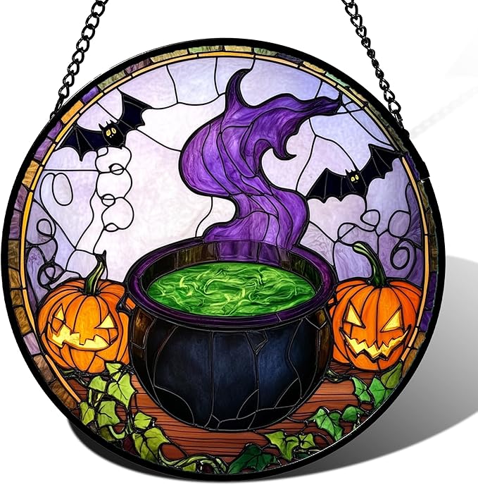 Stained Glass Window Hanging Halloween Scary Pumpkin Bat Magic Liquid Large 11.8" - Suncatcher Door Garden Sun Catcher Gothic Home Decor Birthday Horror Gifts for Mom Men Woman Friend