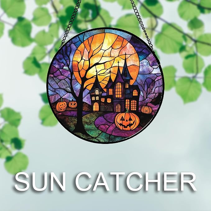 Stained Glass Window Hanging Halloween Horror Pumpkin 6.3" - Suncatcher Door Garden Sunroom Golden Moon Church Sun Catcher Birthday for Friend Mom Men Woman Nana