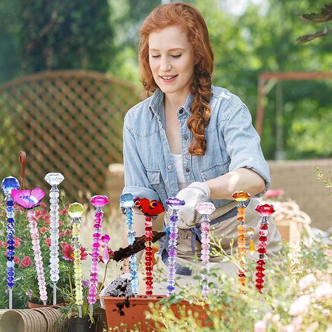 247 PCS Beaded Garden Stakes Kit, DIY Fairy Wand Garden Stake Beads Kits with Assortment Large Hole Beads 10 Crystal Stopper Top Threaded Rods and Sparkling Crystal Pendants for Outdoor Indoor Decor