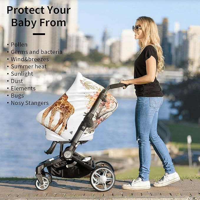 Personalized Giraffe Baby Car Seat Cover with Name,Multi-Use Canopy for Nursing, Strollers,Shopping Carts,Customized Breastfeeding Cover, Full Privacy,Infant Stroller Cover