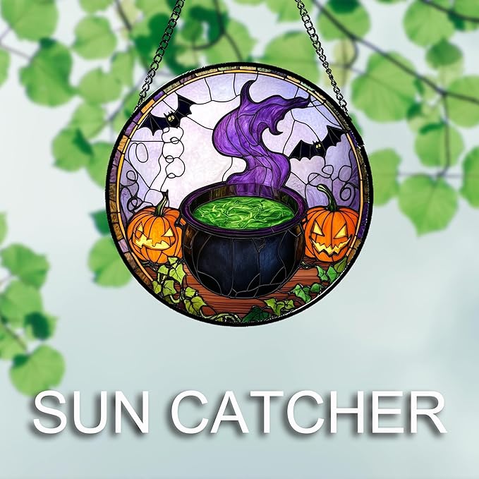 Stained Glass Window Hanging Halloween Scary Pumpkin Bat Magic Liquid Large 11.8" - Suncatcher Door Garden Sun Catcher Gothic Home Decor Birthday Horror Gifts for Mom Men Woman Friend