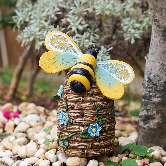 Garden Statue Bee Decor-Outdoor Statue Bees Decorations-Solar Garden Light Bumble bee Figurine Patio,Balcony,Yard,Lawn Ornament Mom Gift