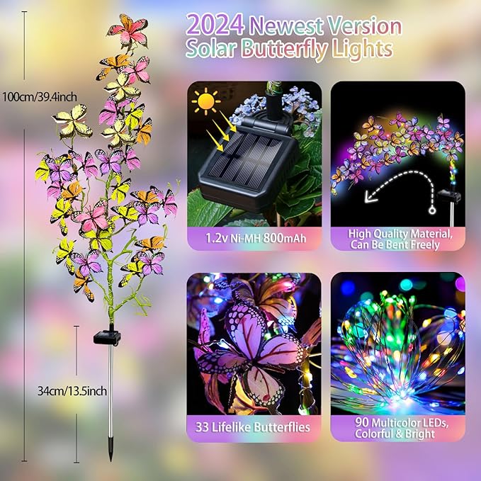 Solar Garden Lights Outdoor, Waterproof Solar Butterfly Lights 4 Pack Willow Vine Light with 80 LED 33 Butterfly Colorful Lighting for Garden Yard Lawn Outdoor Decor, Gift for Mom Women Mother's Day