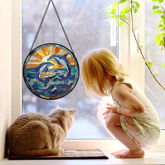 Stained Glass Window Hanging, Blue Dolphin Sun Catchers Colorful Glass Panel Sunrise Sea View Suncatcher Decor for Birthday for Women, Men, Wife, Aunt, and Mom 11.8x11.8 in