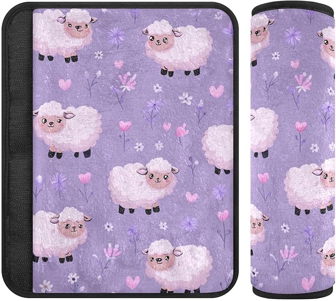 2 Pack Seatbelt Covers Seat Belt Cover Pad for Adults Boys Girls Car Seat Strap Covers Pads Cushion Universal Shoulder Strap Pad Protector for Backpack Camera Bag 10x7.7Inch Purple Cute Floral Sheep