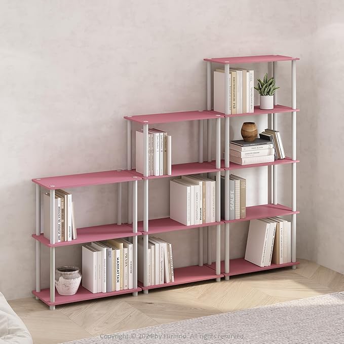 Furinno Turn-N-Tube Multipurpose Shelf / Display Rack / Storage Shelf / Bookshelf, 5-Tier Round Tube, Pink/White