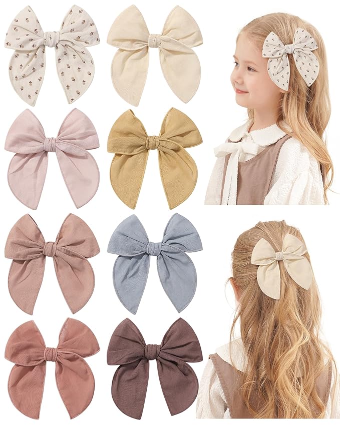 Doboi 8PCS Baby Girls Hair Clips Fable Hair Bows Cotton Linen Bows for Girls Hair Accessories for Baby Toddlers Kids （Includes Stamp Duty Hair Clip）