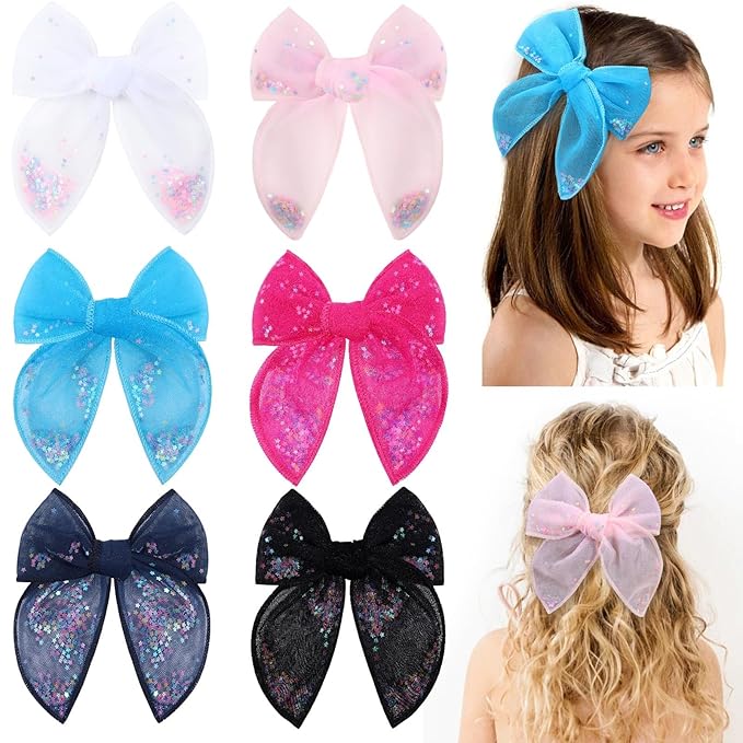 6 PCS Tulle Hair Bows for Girls, CN Toddler Bows with Glitter Star Alligator, Colorful Hair Barrettes Wedding Hair Accessories for Baby Girls Infants Toddler Teens Party (Type B)