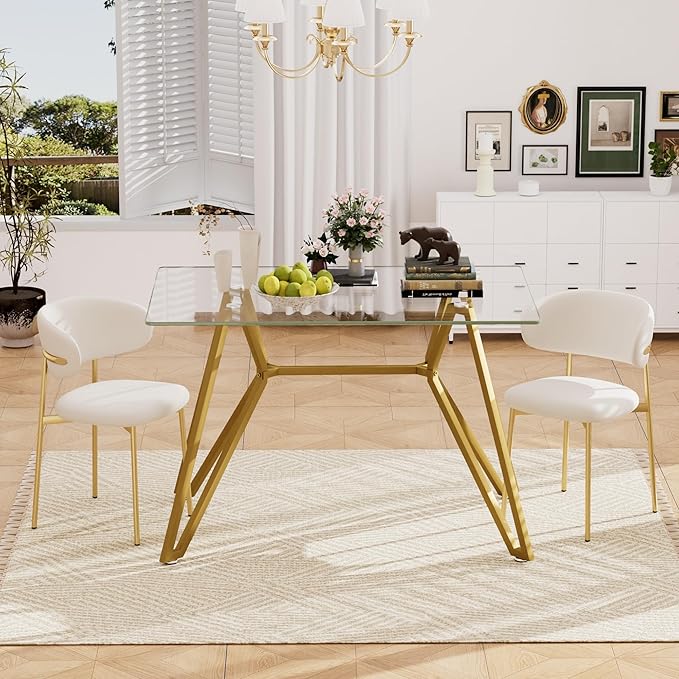 47.3" Glass Dining Table Modern Kitchen Table for 4 People Rectangular Dining Room Dinner Tables with Clear Glass Top & Gold Metal Legs for Kitchen Apartment