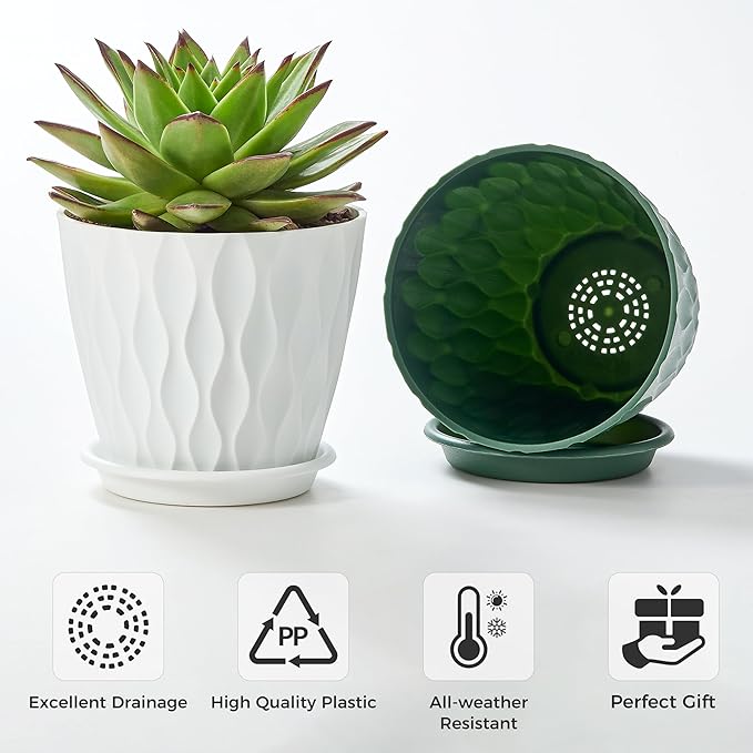 FaithLand 6-Pack 6-Inch Plastic Plant Pots with Saucers | Thickened PP Material, Modern Wave Texture, Enhanced Drainage for Indoor/Outdoor Garden Plants | Tricolor Value Set