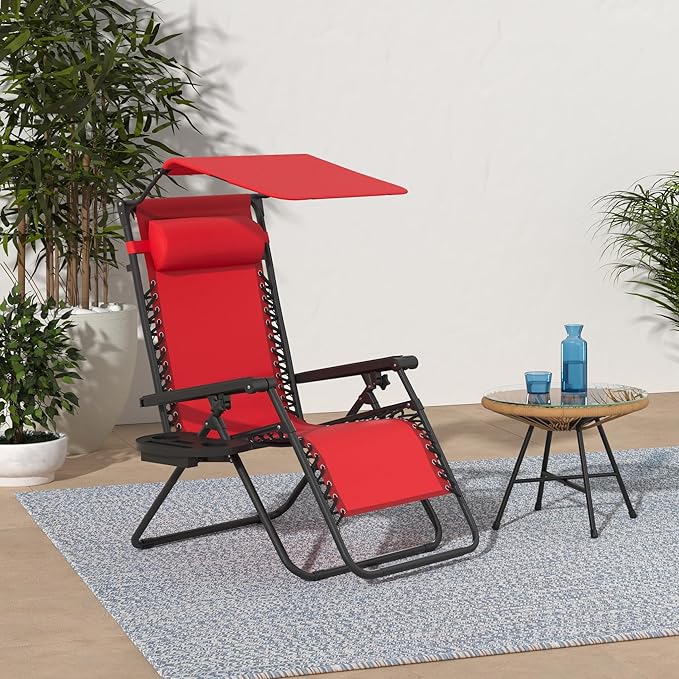 Best Choice Products Folding Zero Gravity Outdoor Recliner Patio Lounge Chair w/Adjustable Canopy Shade, Headrest, Side Accessory Tray, Textilene Mesh - Crimson Red
